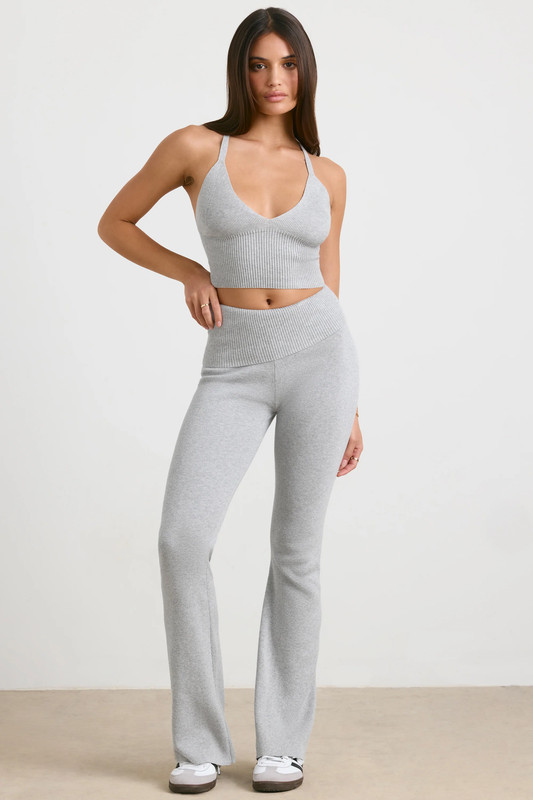 Chunky Knit Kick Flare Trousers in Heather Grey - UK Size:L
